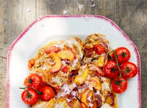 Pollo a la plancha con melocotones y tomates 