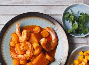 Camarones con Ajo y Jengibre con Vegetales de Coco y Curry 